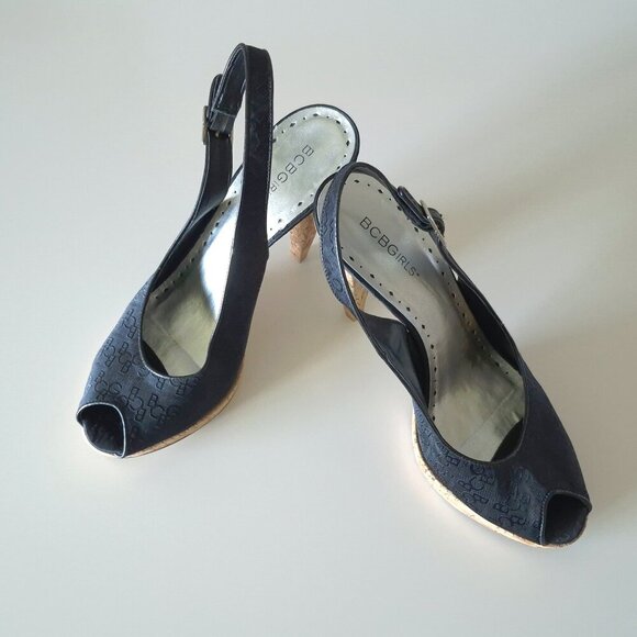 NWOT BCBGirls black logo textile & cork heeled platform sandal, US 10 - Picture 5 of 13